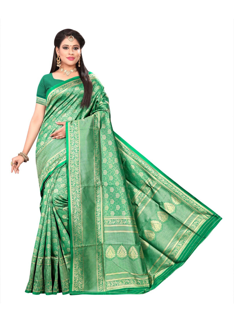 Generic Women's Banarasi silk Saree with Blouse (Green, 5-6mtr)