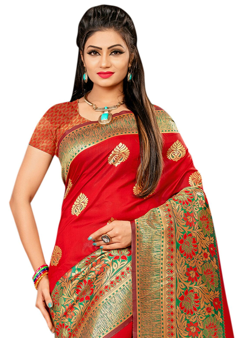 Generic Women's Banarasi silk Saree with Blouse (Red, 5-6mtr)