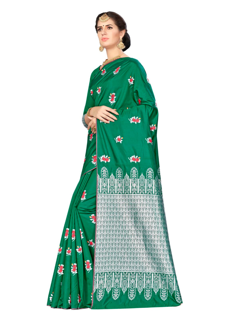 Generic Women's Banarasi silk Saree with Blouse (Green, 5-6mtr)