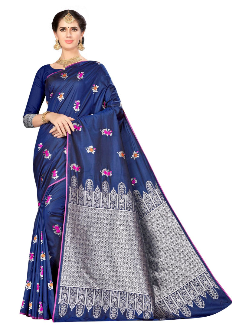Generic Women's Banarasi silk Saree with Blouse (Navy blue, 5-6mtr)