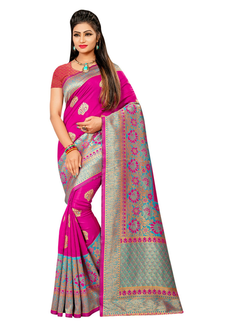 Generic Women's Banarasi silk Saree with Blouse (Pink, 5-6mtr)