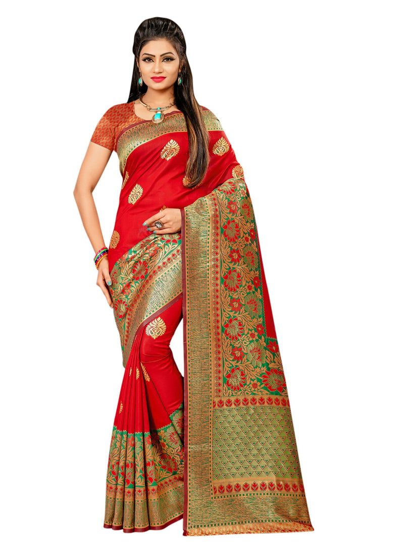 Generic Women's Banarasi silk Saree with Blouse (Red, 5-6mtr)