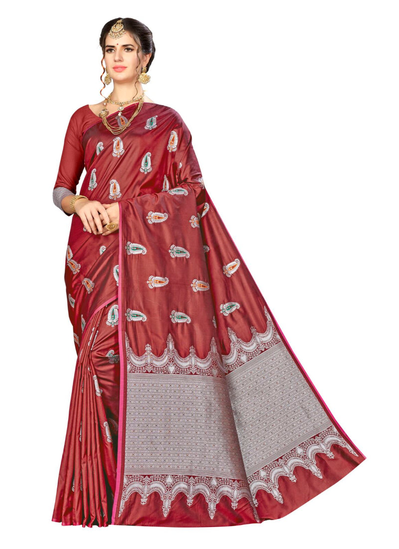Generic Women's Banarasi silk Saree with Blouse (Maroon, 5-6mtr)