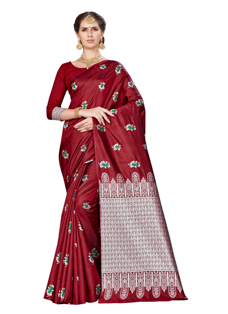 Generic Women's Banarasi silk Saree with Blouse (Maroon, 5-6mtr)