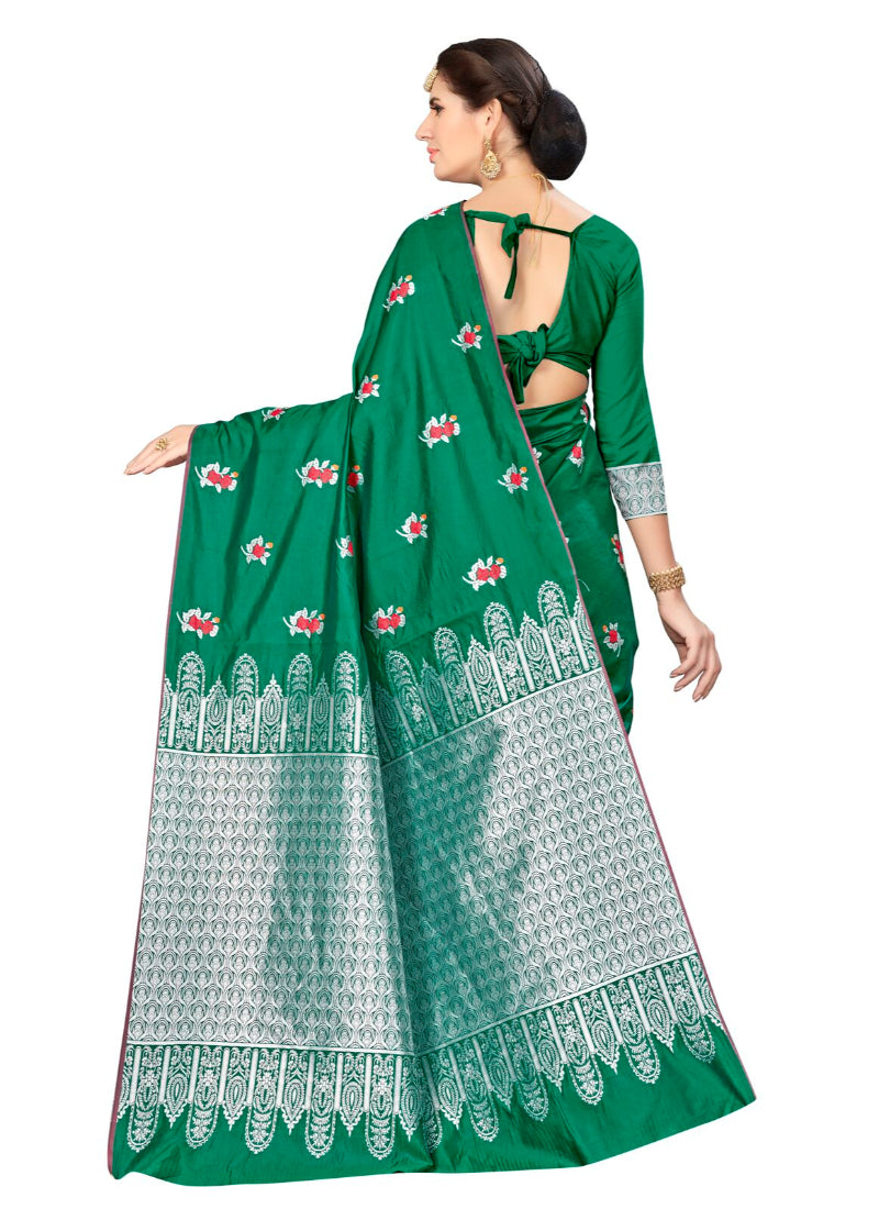 Generic Women's Banarasi silk Saree with Blouse (Green, 5-6mtr)