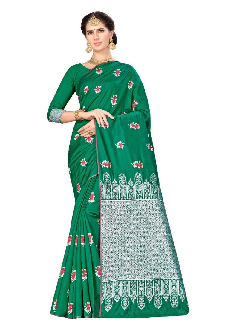 Generic Women's Banarasi silk Saree with Blouse (Green, 5-6mtr)