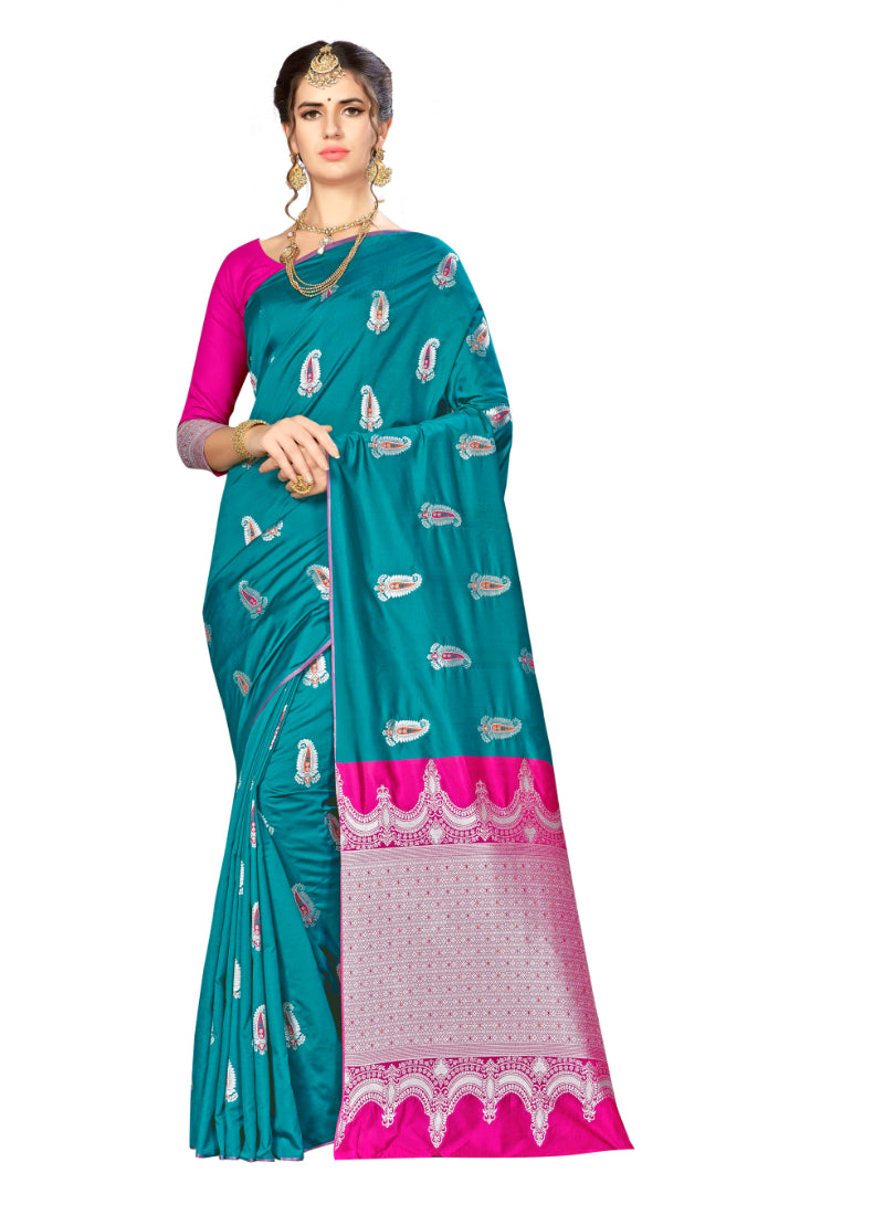 Generic Women's Banarasi silk Saree with Blouse (Green, 5-6mtr)