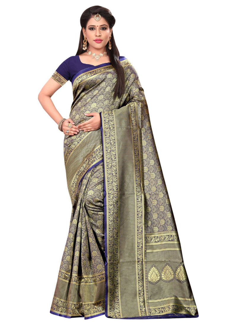 Generic Women's Banarasi silk Saree with Blouse (Navy blue, 5-6mtr)