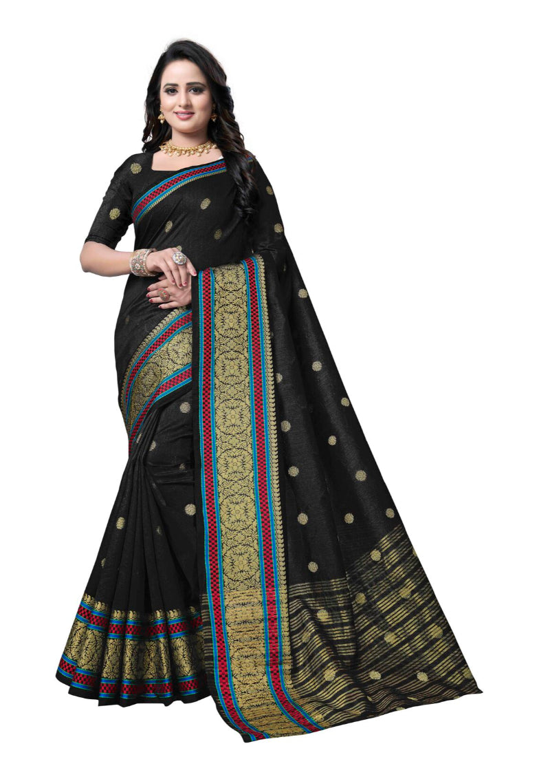 Generic Women's Banarasi silk Saree with Blouse (Black, 5-6mtr)