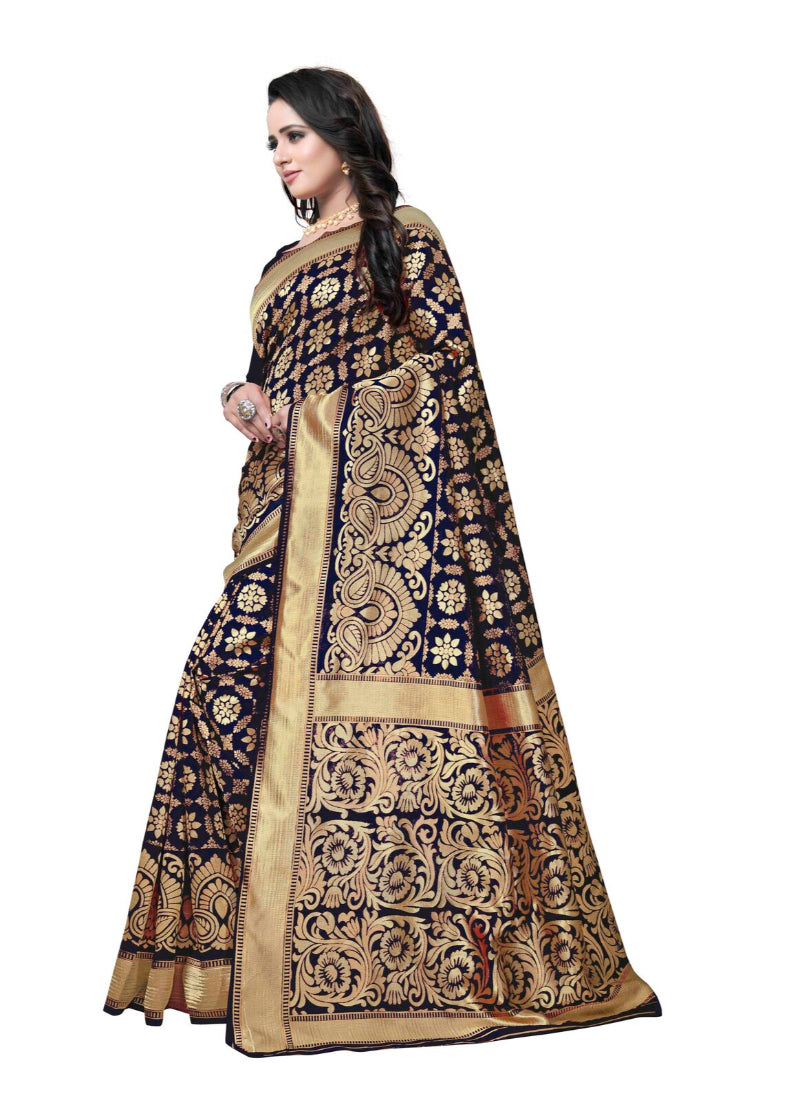 Generic Women's Banarasi silk Saree with Blouse (Blue, 5-6mtr)