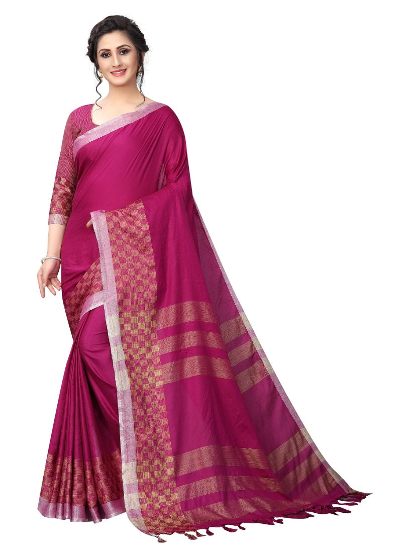 Generic Women's Linen Cotton Blend Saree with Blouse (ParkPink,5-6 mtrs)
