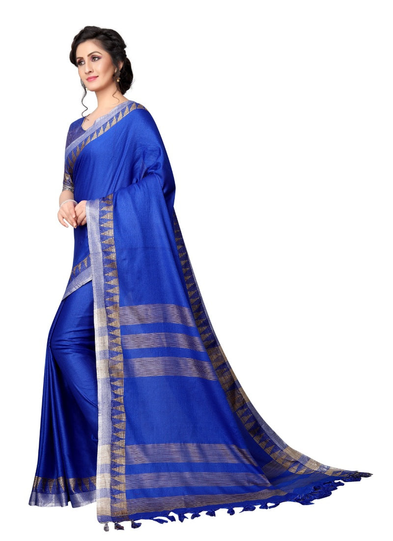 Generic Women's Linen Cotton Blend Saree with Blouse (TempleBlue,5-6 mtrs)