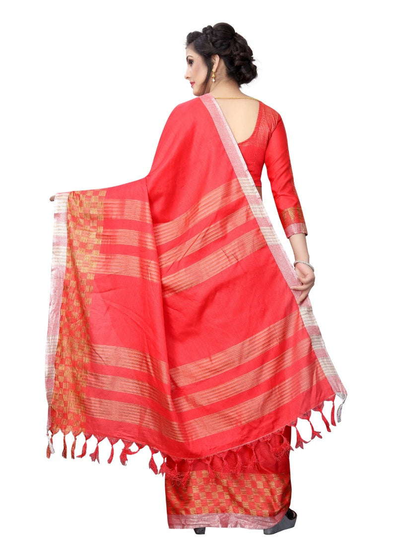 Generic Women's Linen Cotton Blend Saree with Blouse (Pink,5-6 mtrs)