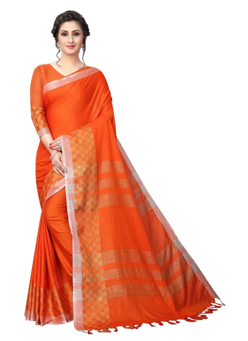 Generic Women's Linen Cotton Blend Saree with Blouse (Orange,5-6 mtrs)