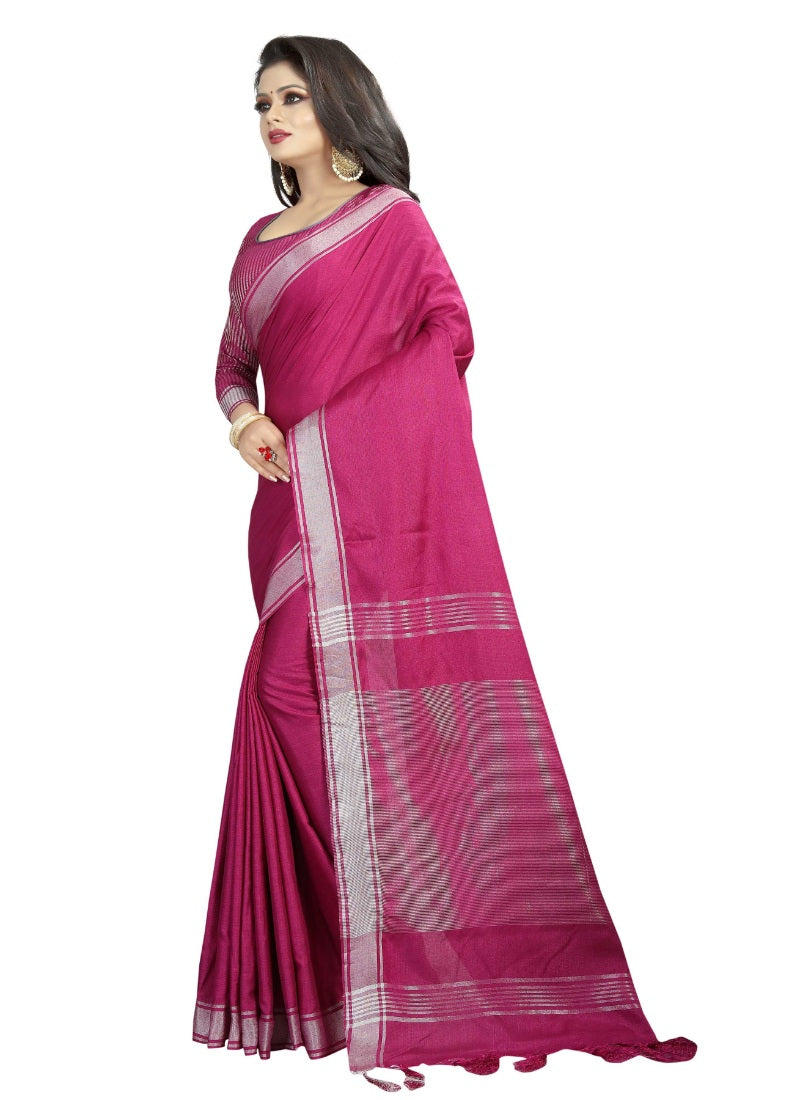 Generic Women's Linen Cotton Blend Saree with Blouse (SilverPink,5-6 mtrs)