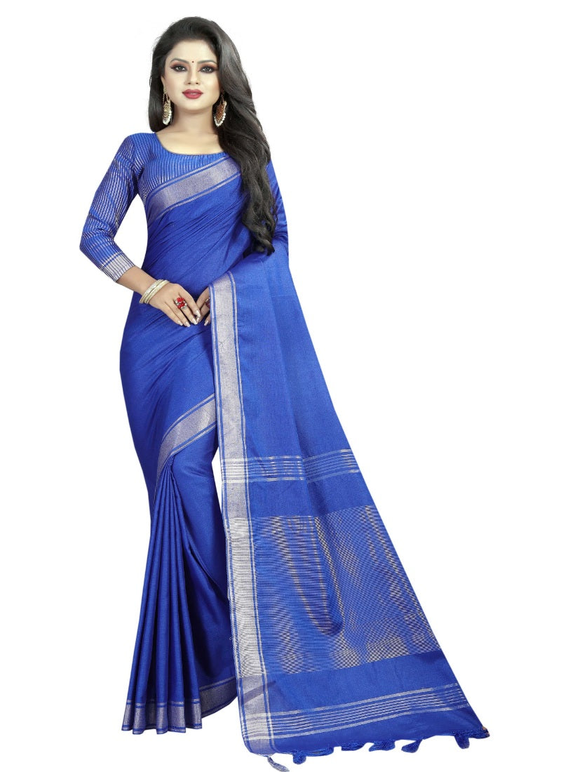 Generic Women's Linen Cotton Blend Saree with Blouse (SilverBlue,5-6 mtrs)