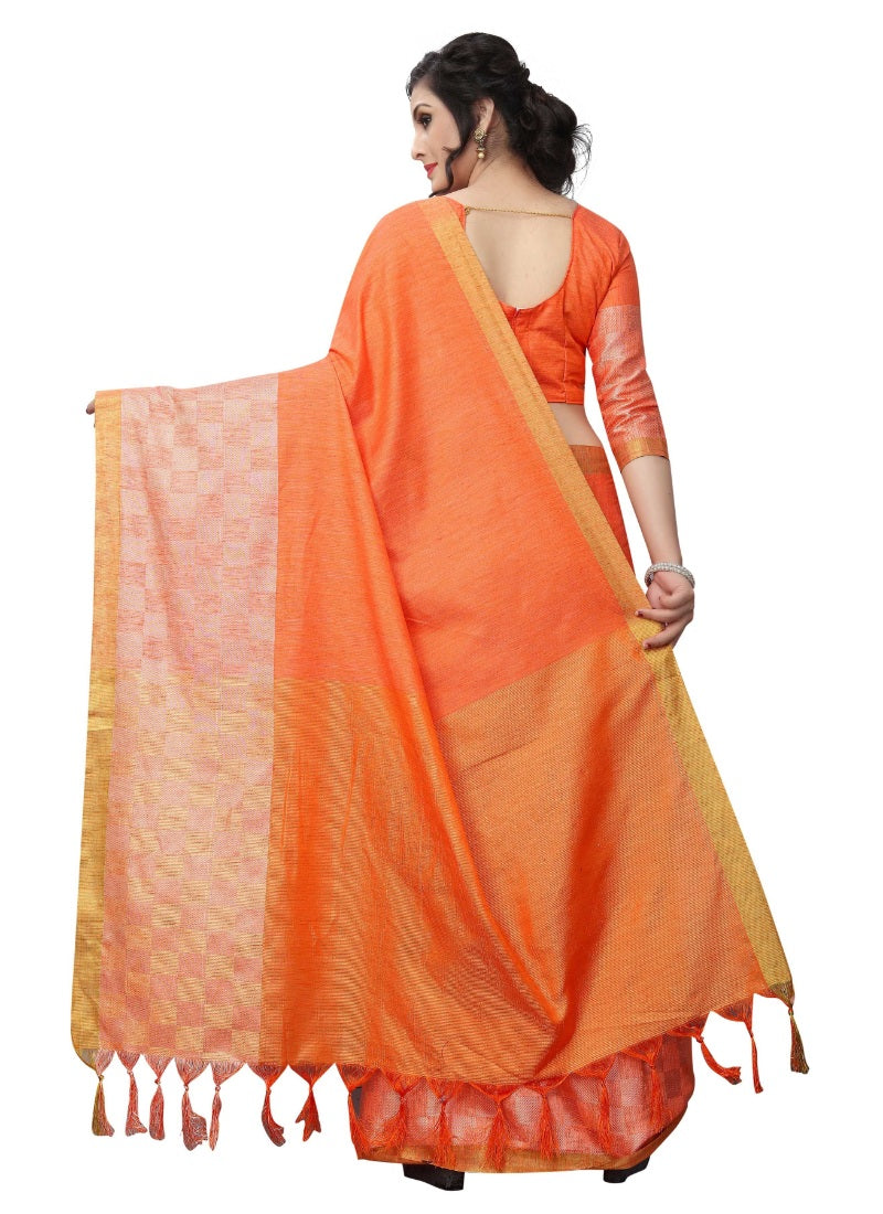 Generic Women's Linen Jacquard Cotton Blend Saree with Blouse (Orange,5-6 mtrs)