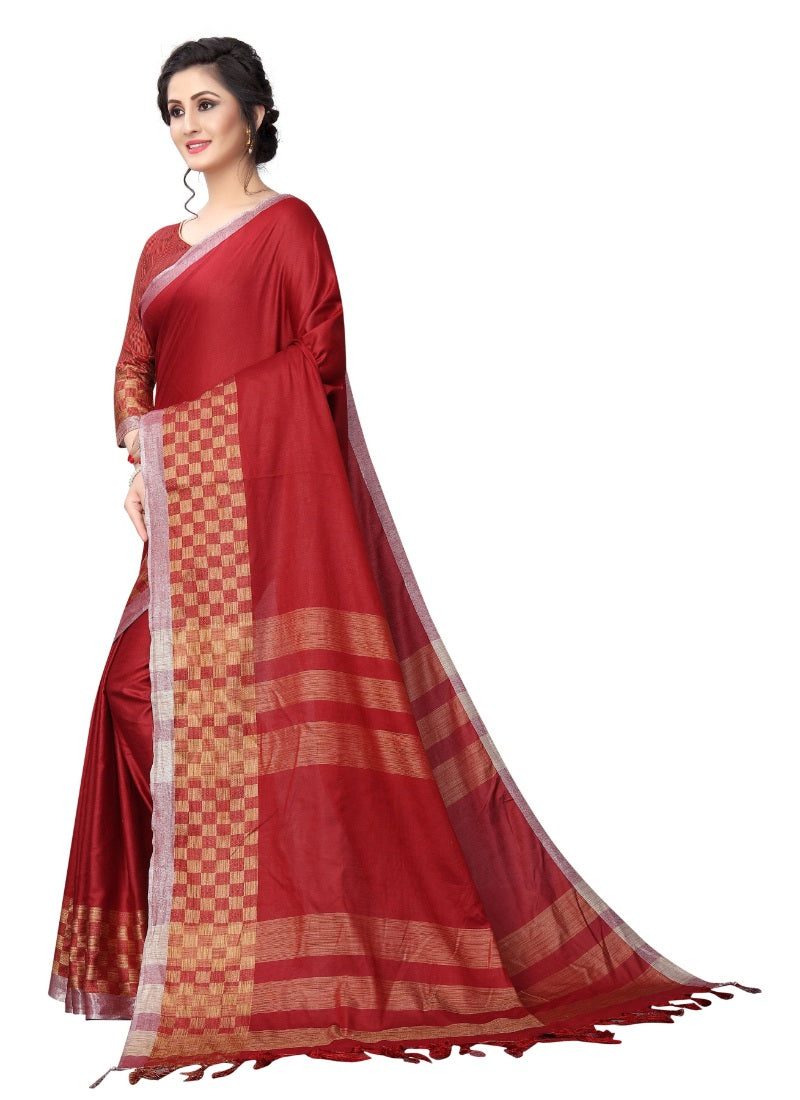 Generic Women's Linen Cotton Blend Saree with Blouse (Maroon,5-6 mtrs)