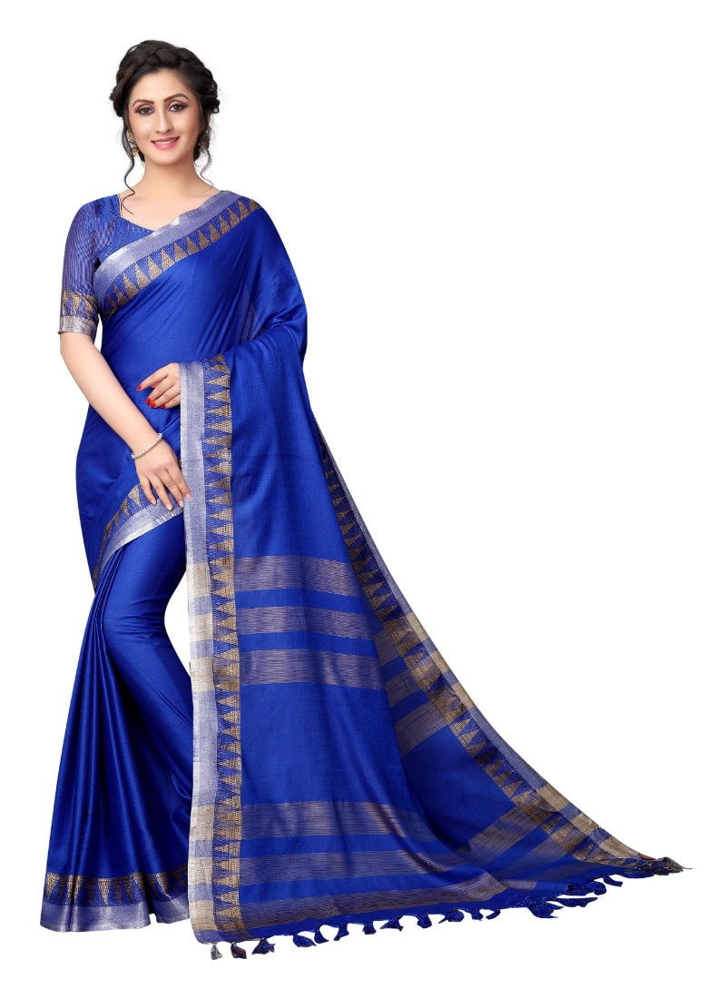 Generic Women's Linen Cotton Blend Saree with Blouse (TempleBlue,5-6 mtrs)