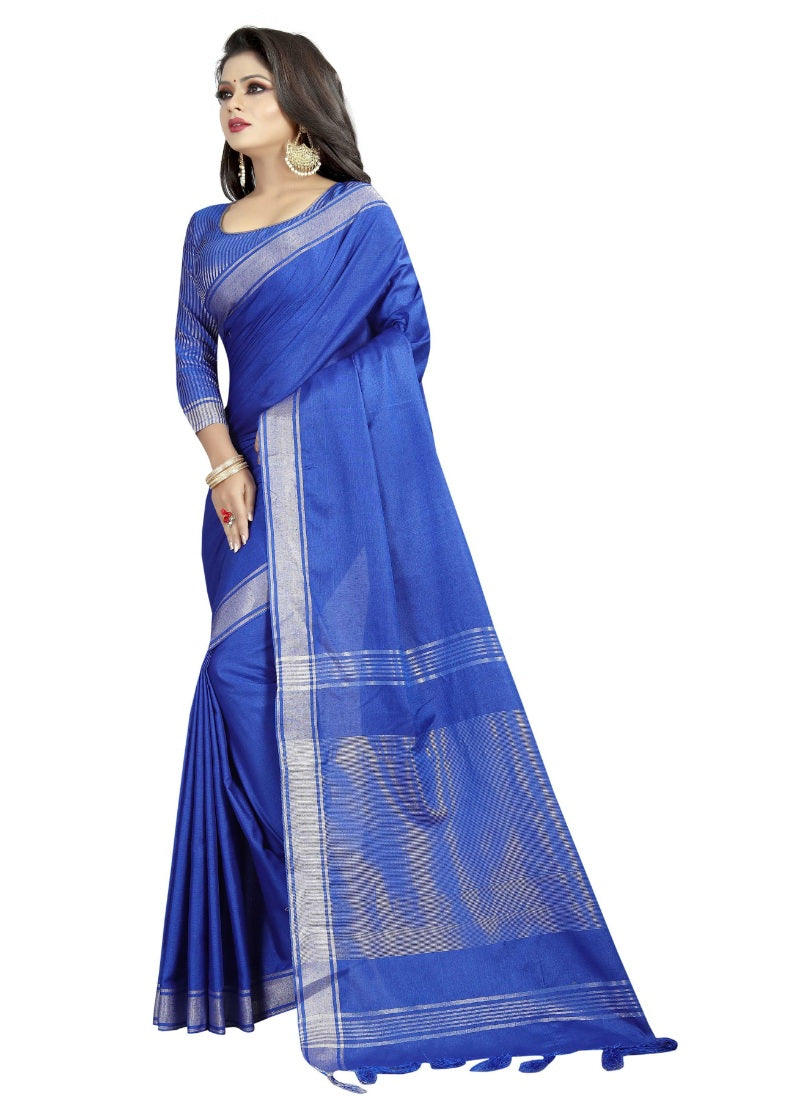 Generic Women's Linen Cotton Blend Saree with Blouse (SilverBlue,5-6 mtrs)