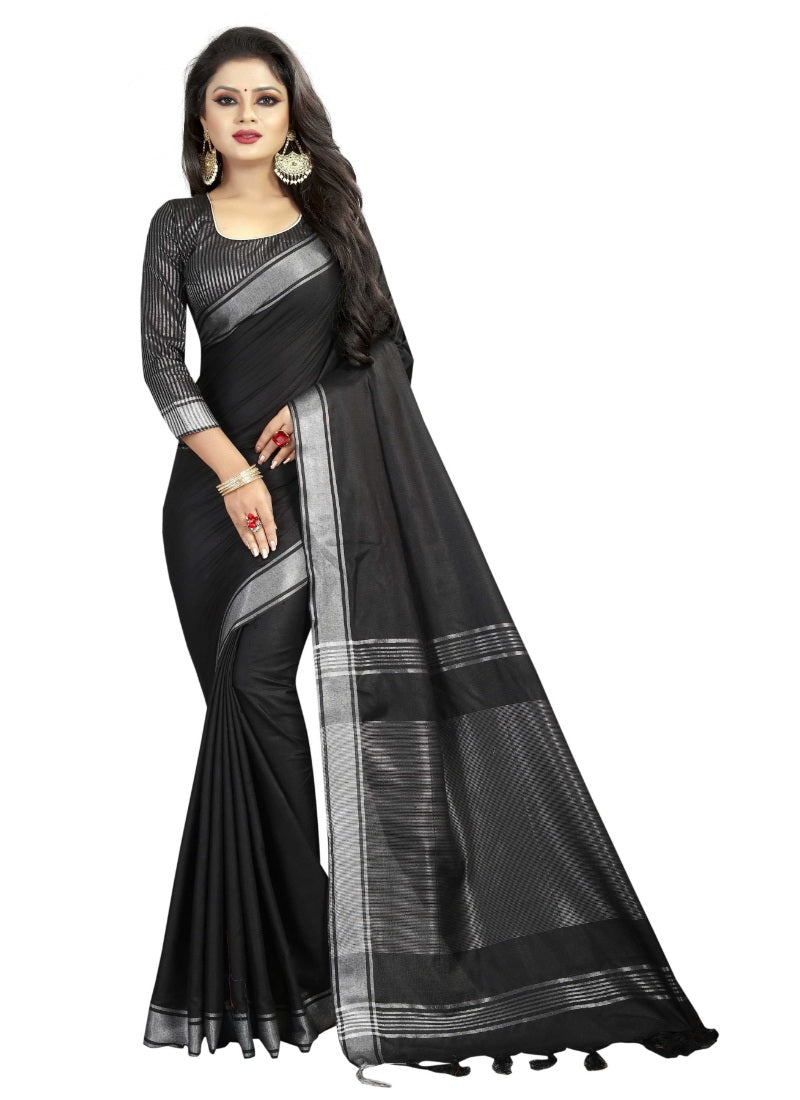 Generic Women's Linen Cotton Blend Saree with Blouse (SilverBlack,5-6 mtrs)