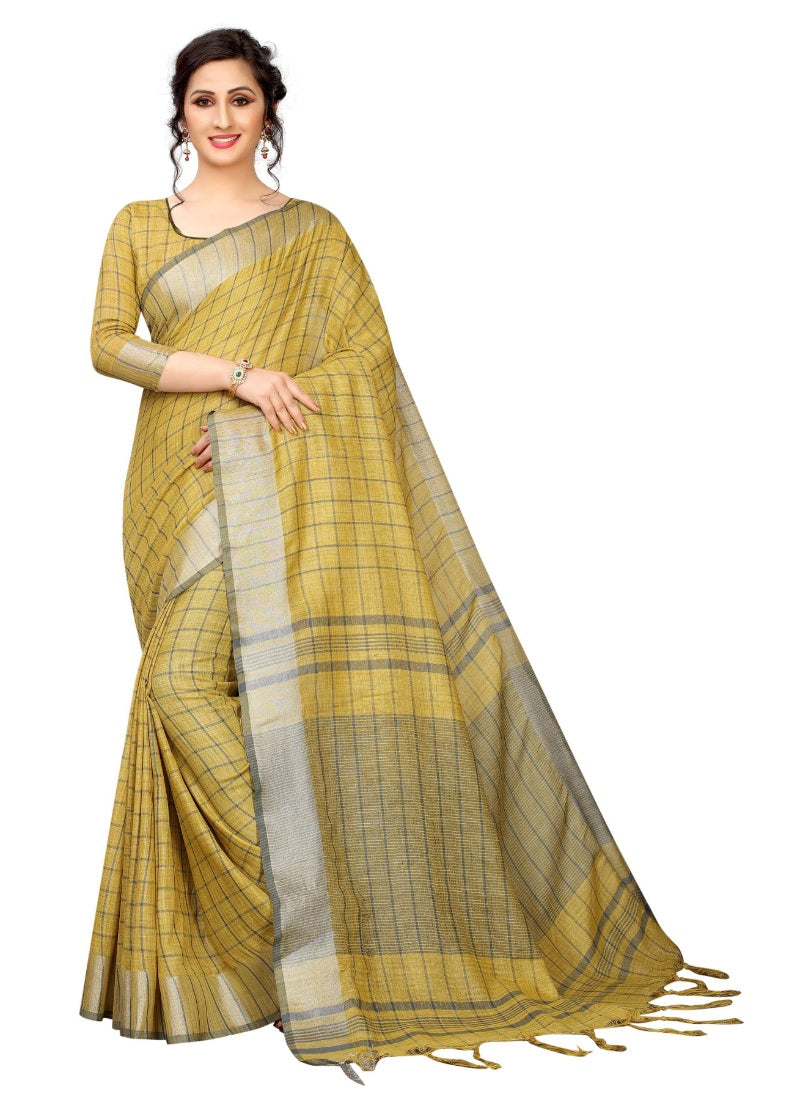 Generic Women's Linen Saree with Blouse (Mustard,5-6 mtrs)