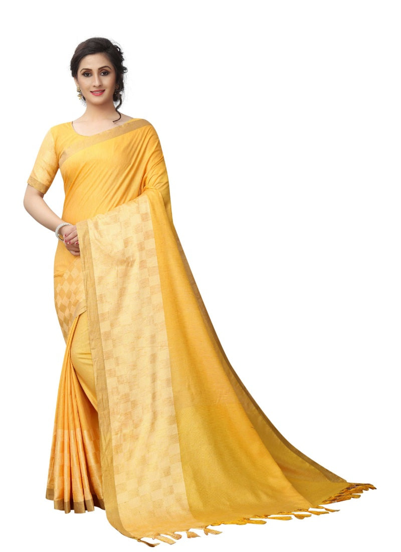 Generic Women's Linen Jacquard Cotton Blend Saree with Blouse (Yellow,5-6 mtrs)
