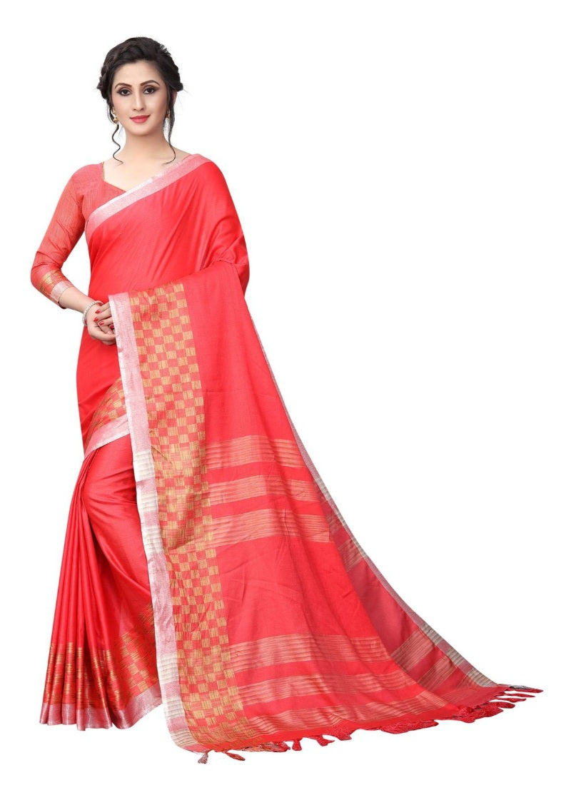 Generic Women's Linen Cotton Blend Saree with Blouse (Pink,5-6 mtrs)