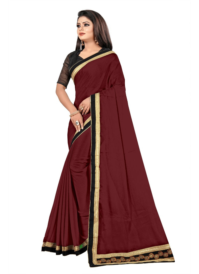 Generic Women's Lace Border Work With Chiffon Saree with Blouse (Maroon,5-6 Mtrs)