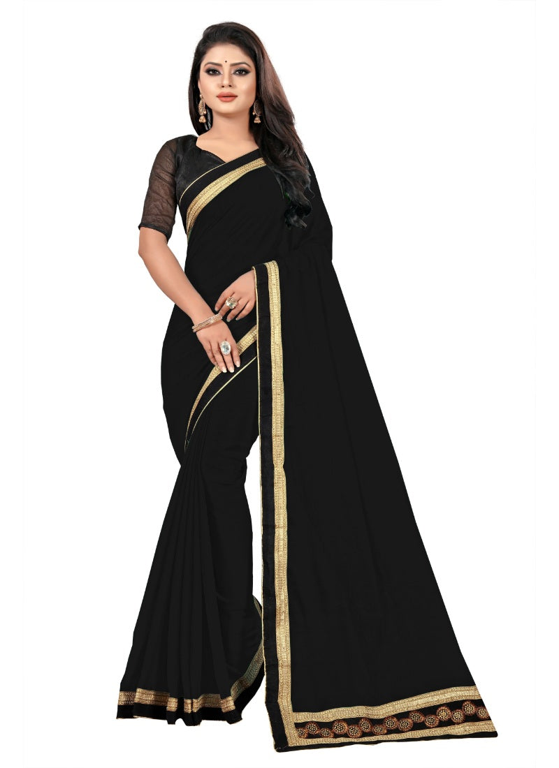 Generic Women's Lace Border Work With Chiffon Saree with Blouse (Black,5-6 Mtrs)