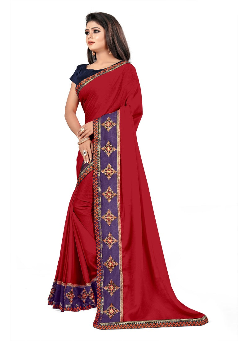 Generic Women's Lace Border Work With Chiffon Saree with Blouse (Red,5-6 Mtrs)