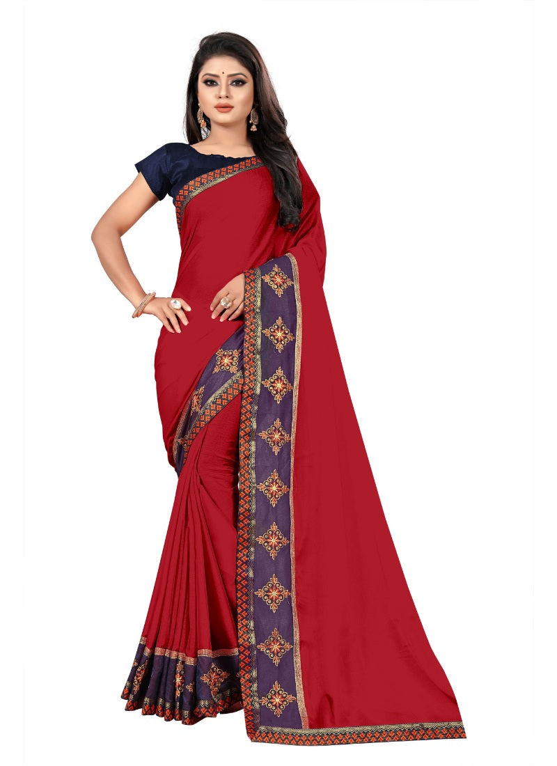 Generic Women's Lace Border Work With Chiffon Saree with Blouse (Red,5-6 Mtrs)
