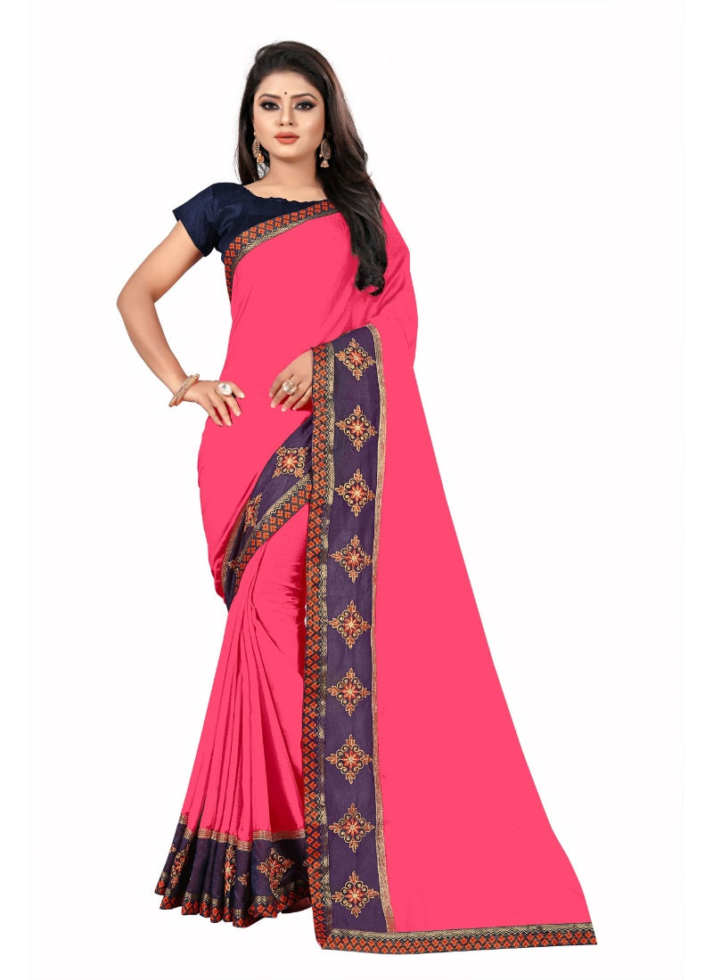 Generic Women's Lace Border Work With Chiffon Saree with Blouse (Peach Orange,5-6 Mtrs)