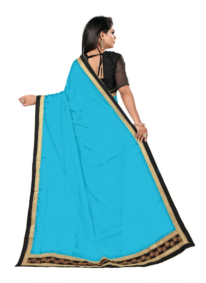 Generic Women's Lace Border Work With Chiffon Saree with Blouse (Sky,5-6 Mtrs)