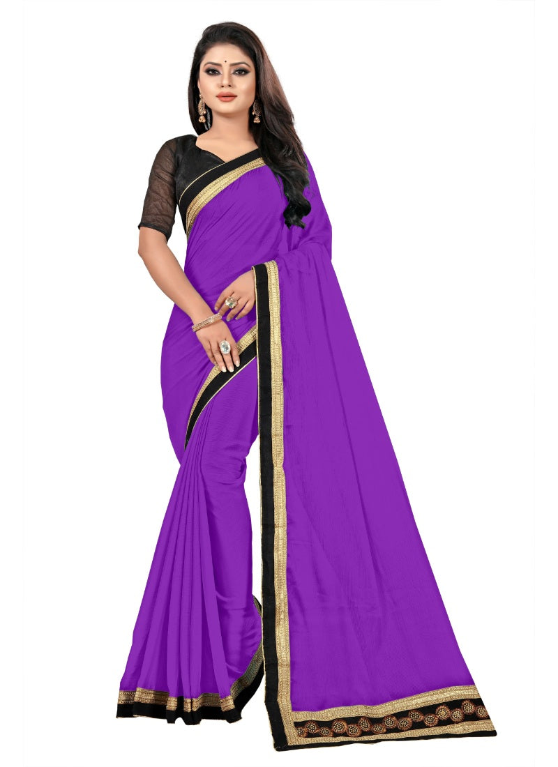 Generic Women's Lace Border Work With Chiffon Saree with Blouse (Purple,5-6 Mtrs)