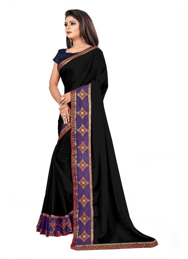Generic Women's Lace Border Work With Chiffon Saree with Blouse (Black,5-6 Mtrs)
