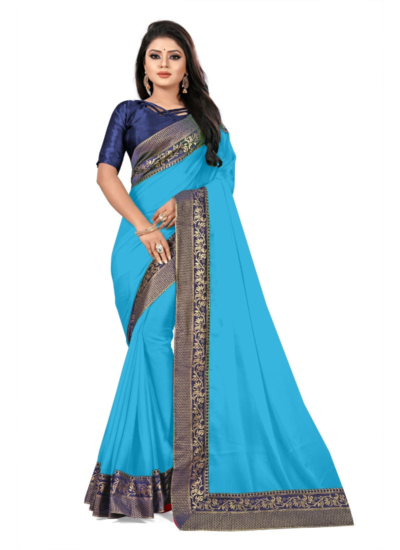 Generic Women's Lace Border Work With Chiffon Saree with Blouse (Sky,5-6 Mtrs)
