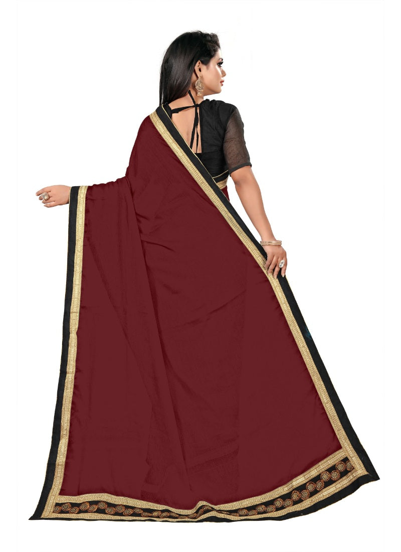 Generic Women's Lace Border Work With Chiffon Saree with Blouse (Maroon,5-6 Mtrs)