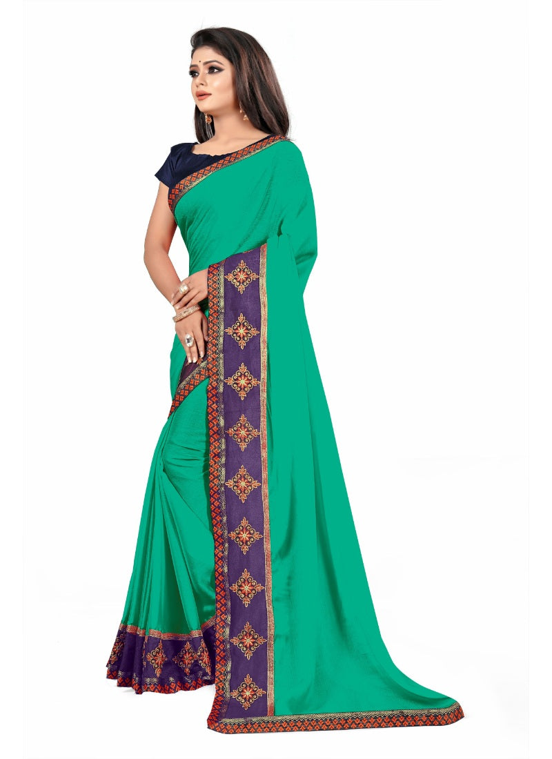 Generic Women's Lace Border Work With Chiffon Saree with Blouse (Sea Green,5-6 Mtrs)