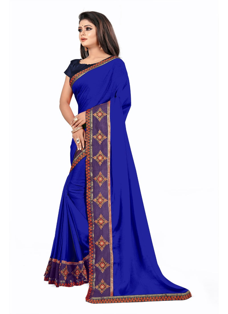 Generic Women's Lace Border Work With Chiffon Saree with Blouse (Royal Blue,5-6 Mtrs)