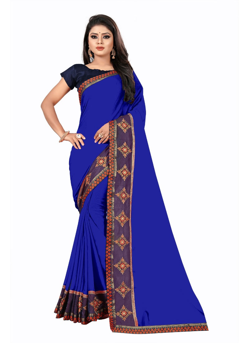 Generic Women's Lace Border Work With Chiffon Saree with Blouse (Royal Blue,5-6 Mtrs)