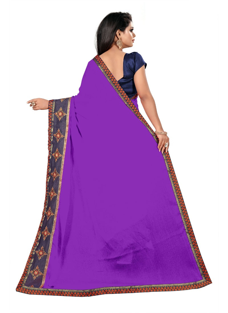 Generic Women's Lace Border Work With Chiffon Saree with Blouse (Purple,5-6 Mtrs)