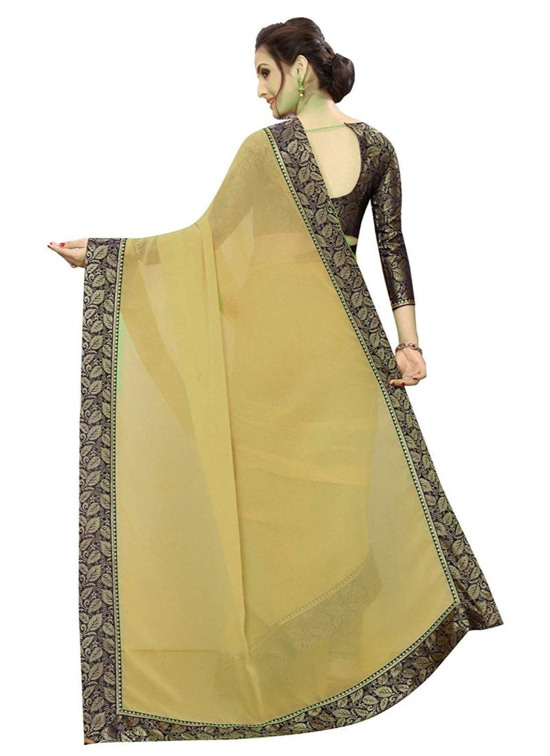 Generic Women's Lace Border Work With Chiffon Saree with Blouse (Beige,5-6 Mtrs)