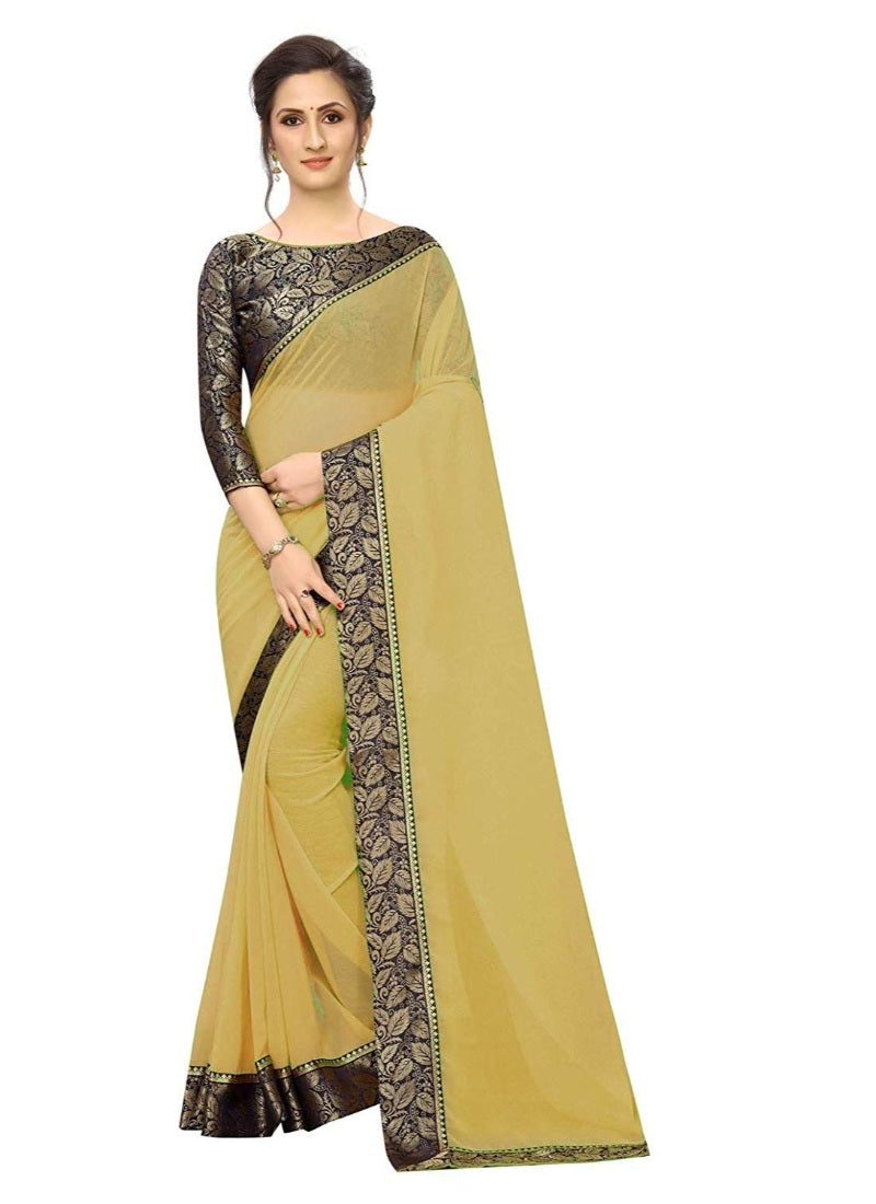 Generic Women's Lace Border Work With Chiffon Saree with Blouse (Beige,5-6 Mtrs)