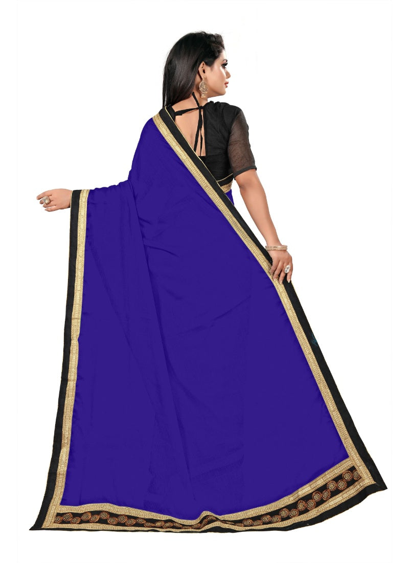 Generic Women's Lace Border Work With Chiffon Saree with Blouse (Royal Blue,5-6 Mtrs)