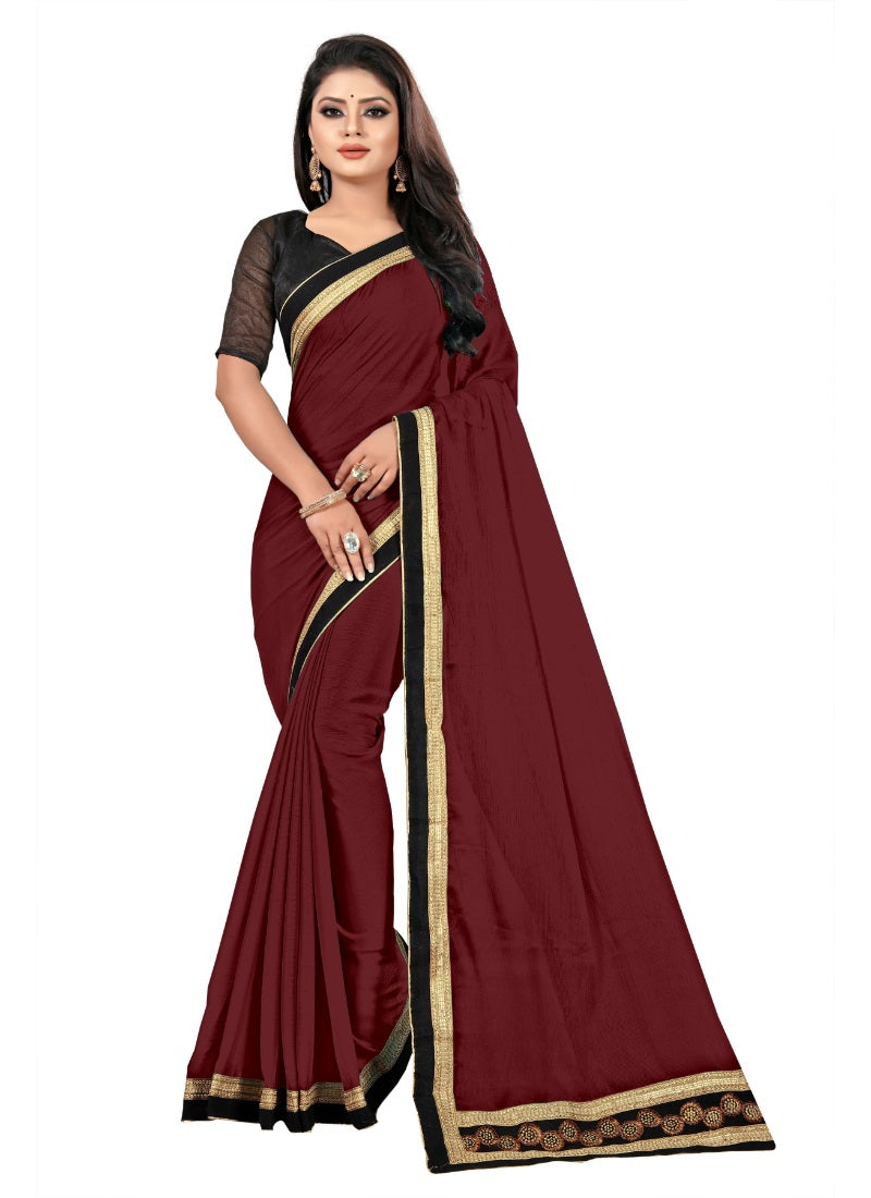 Generic Women's Lace Border Work With Chiffon Saree with Blouse (Maroon,5-6 Mtrs)