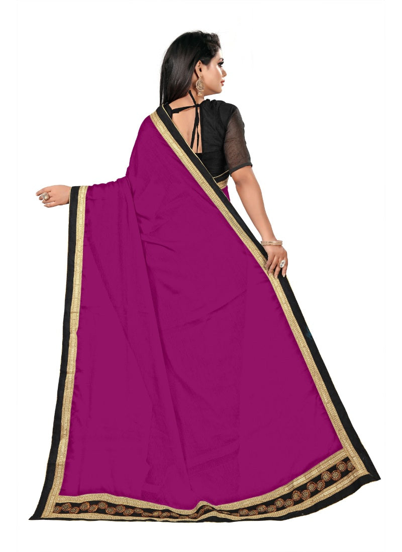 Generic Women's Lace Border Work With Chiffon Saree with Blouse (Dark Pink,5-6 Mtrs)