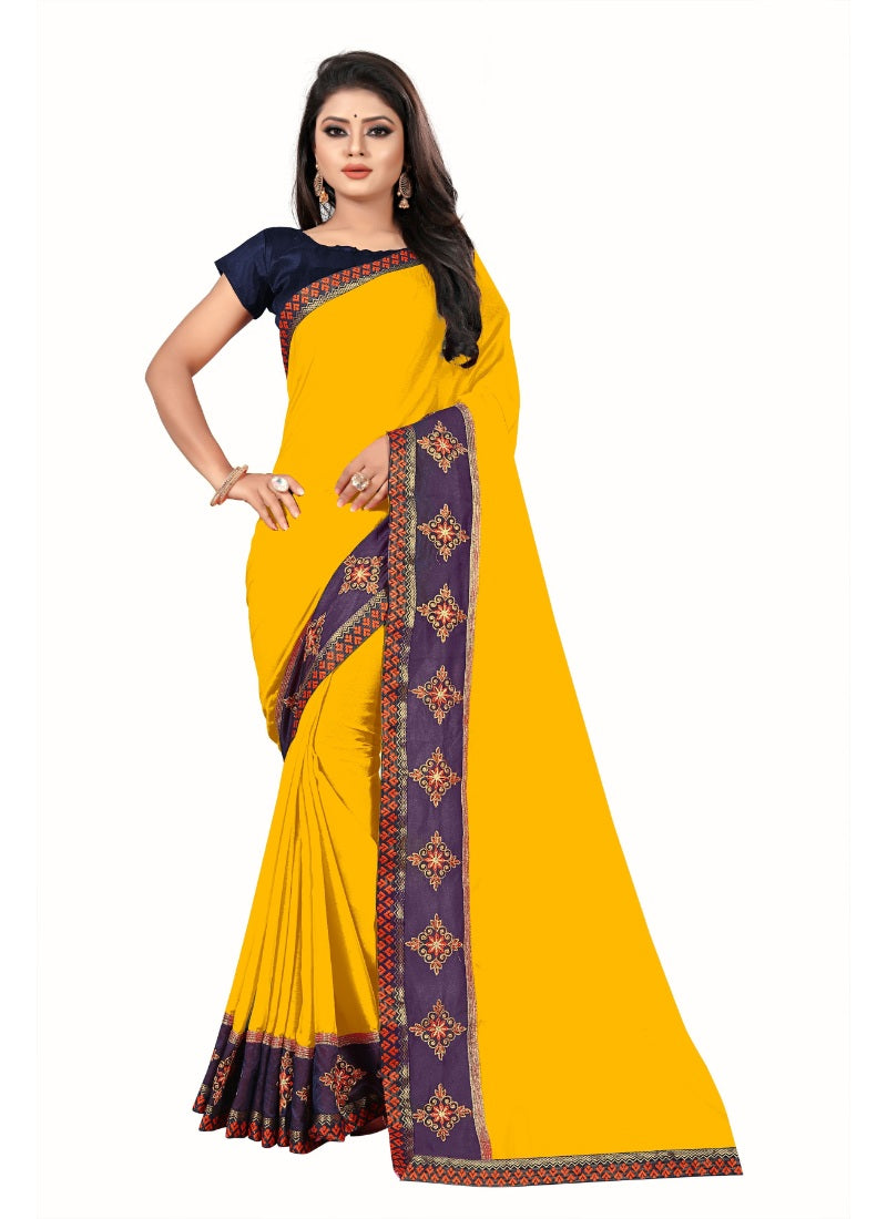 Generic Women's Lace Border Work With Chiffon Saree with Blouse (Yellow,5-6 Mtrs)