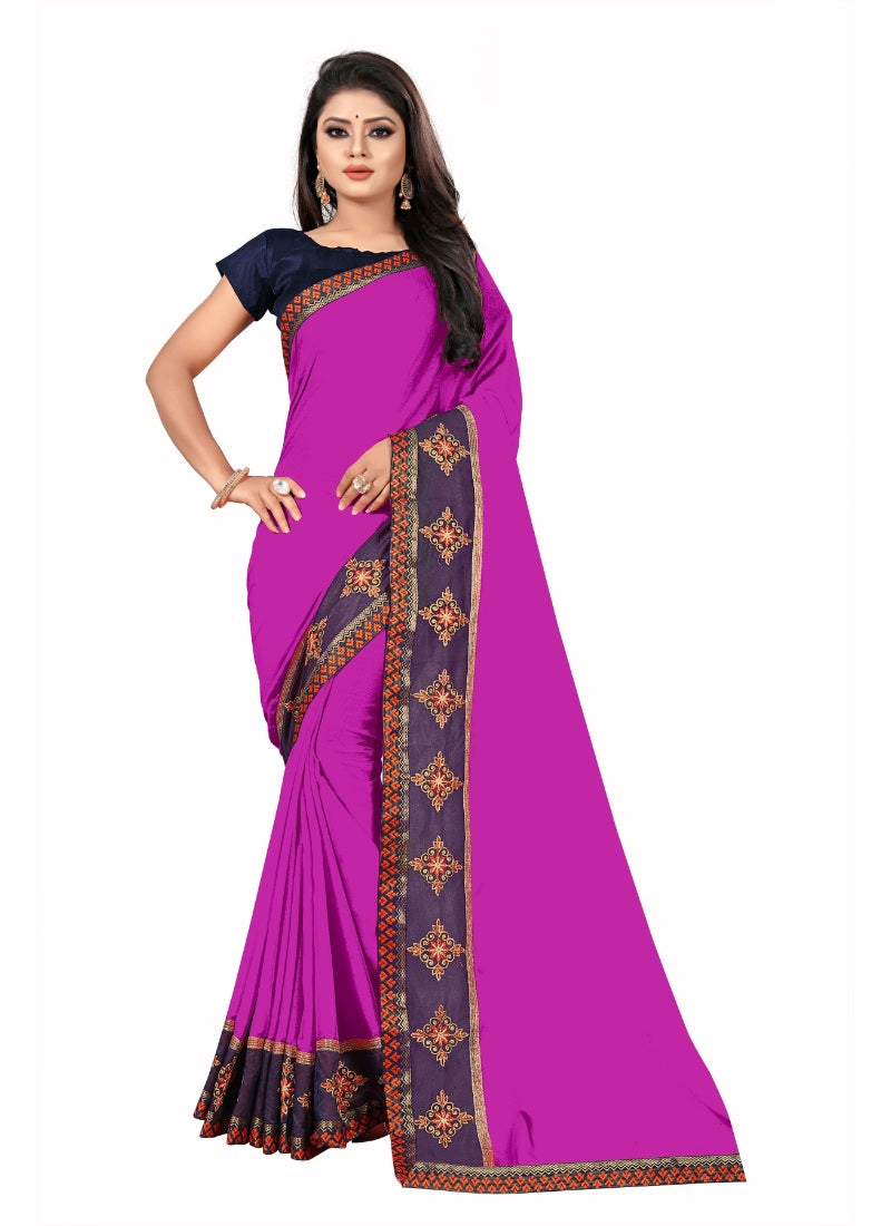 Generic Women's Lace Border Work With Chiffon Saree with Blouse (Pink,5-6 Mtrs)