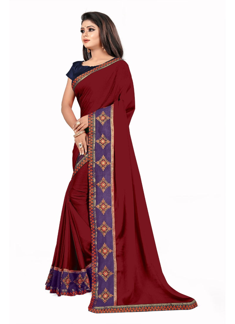 Generic Women's Lace Border Work With Chiffon Saree with Blouse (Maroon,5-6 Mtrs)